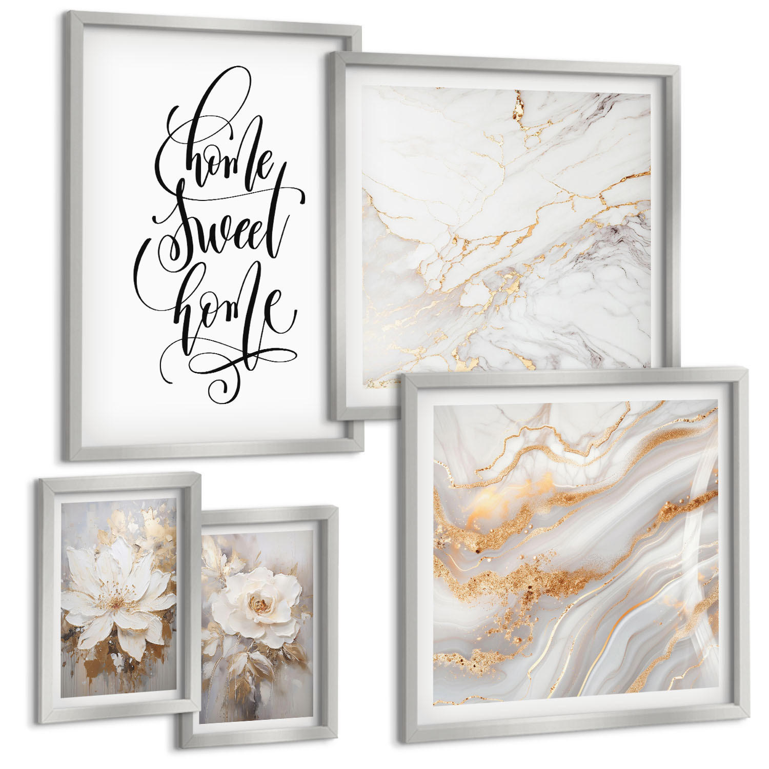BILDER SET 5er Set - 50x50 cm & 20x30 cm & 40x60 cm Silberner Rahmen - Porträt von Blumen in intensiven Farben - Silberfarben, Kunststoff (40/60cm) - TULUP