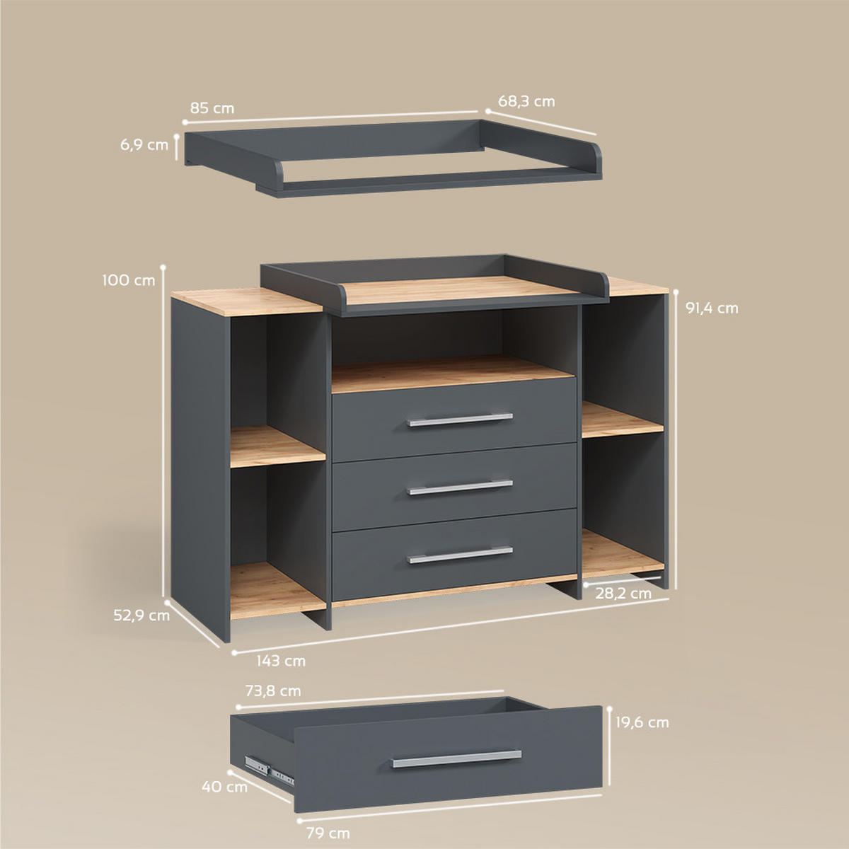 WICKELKOMMODE Torino Anthrazit/Goldkraft Eiche mit 3 Schubladen - Honigeiche/Anthrazit, Holzwerkstoff (143.2/93/53.1cm) - Livinity®