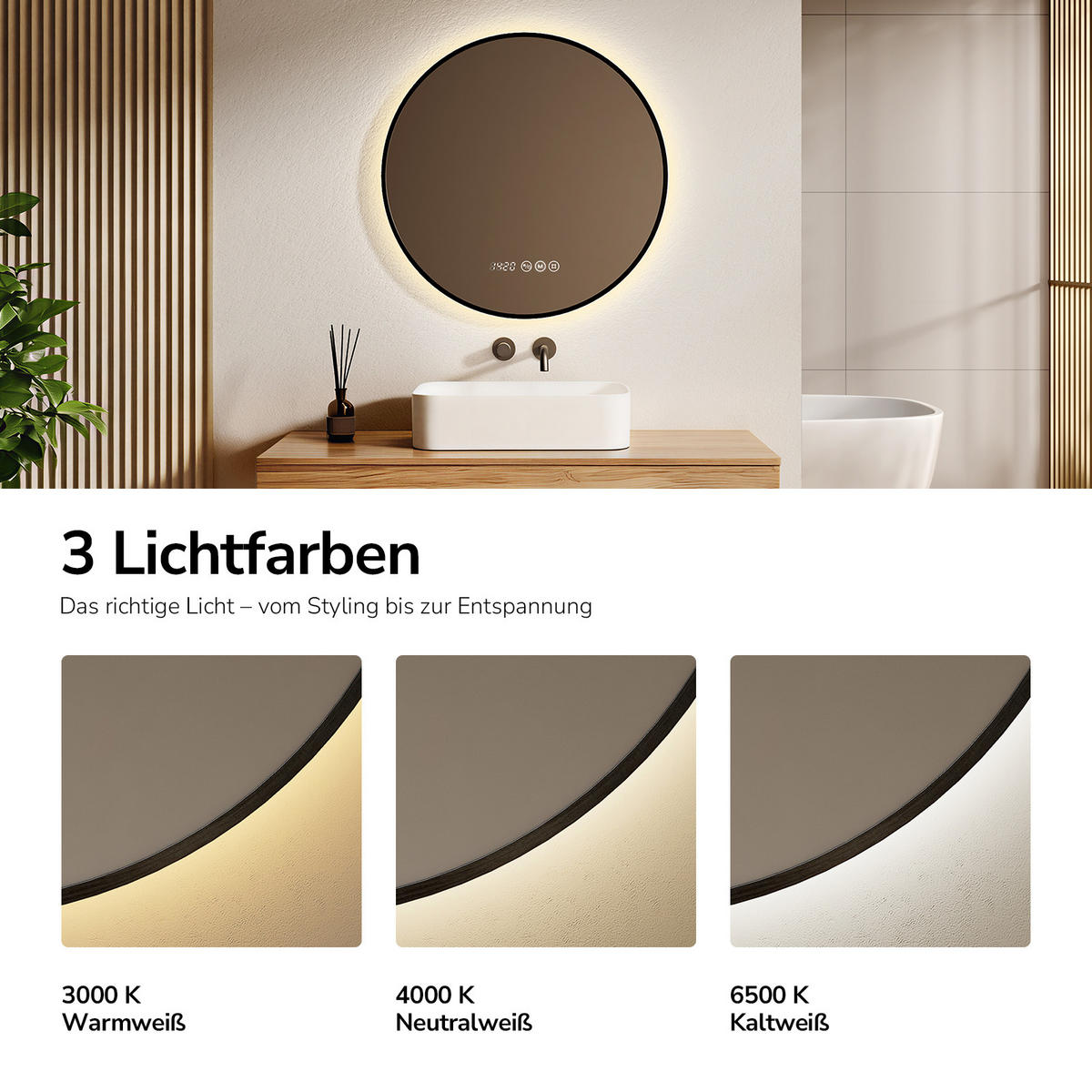 BADSPIEGEL mit LED-Beleuchtung, Anti-Beschlag-Funktion und Uhrzeitanzeige, Schwarz, Ø 70 cm - Schwarz, Glas (70/70/3cm) - EMKE
