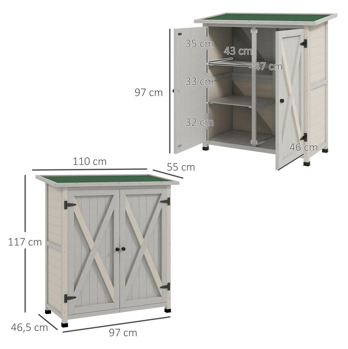 GARTENSCHRANK 110/55/117 cm mit 2 Türen, 2 Einlegeböden und offenem Fach, aus Holz mit Schrägdach, Hellgrau - Hellgrau, Holz (55/117/110cm) - Redom