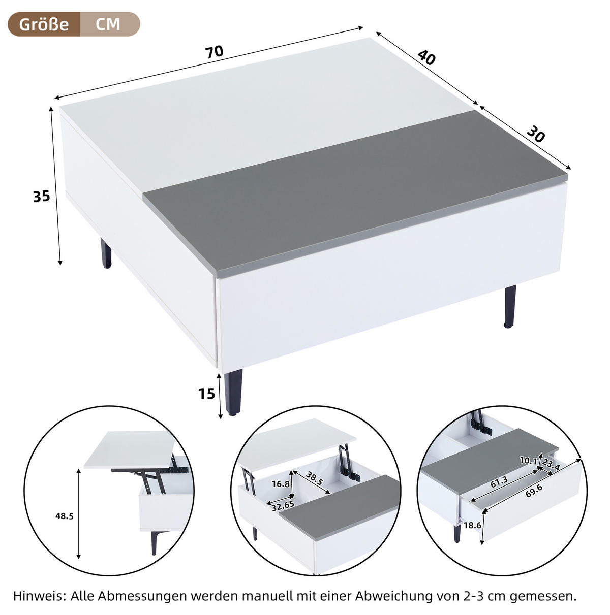 COUCHTISCH, höhenverstellbar bis 48,5 cm, MDF Hochglanz mit LED & verstecktem Stauraum, 70/70/35 cm, Weiß und Grau und schwarz - Weiß, Holzwerkstoff (70/70/35cm) - Redom