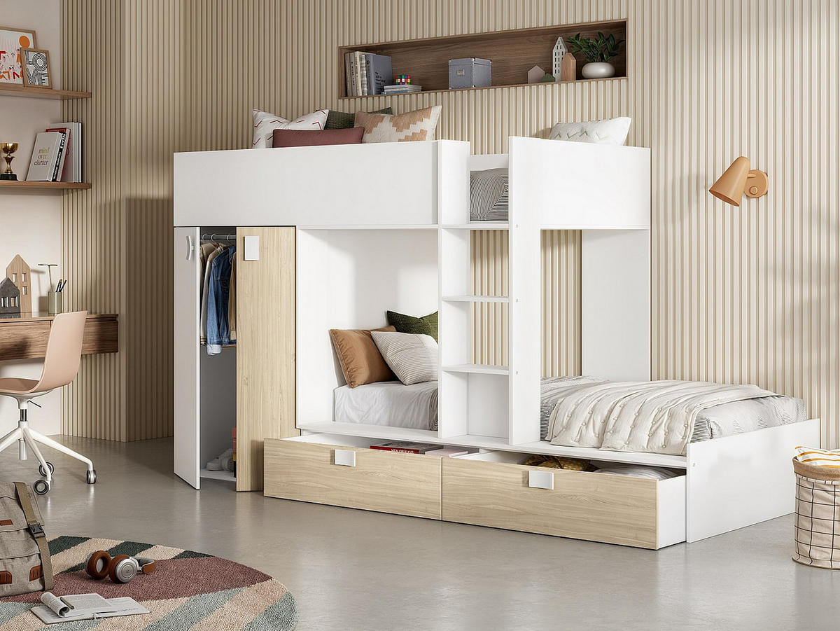 ETAGENBETT - 2 Personen - Holz, Platte - Naturfarben Hell, Weiß - - Naturfarben/Weiß, Holz (90/190cm) - Vente-Unique