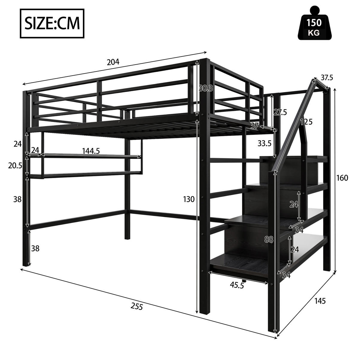 VYSOKÁ posteľ 140/200 cm čierna z kovu s úložným rebríkom a policami - čierna, kov (140/200cm) - OKWISH