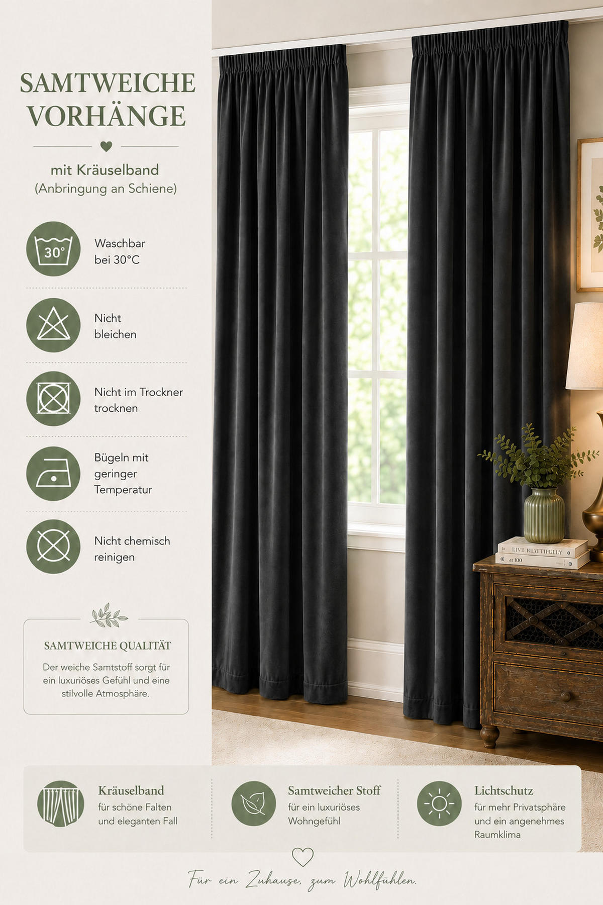 VORHANG Kräuselband Samt 140/145 cm schwarz - Schwarz, Textil (140/145cm) - TiborTex