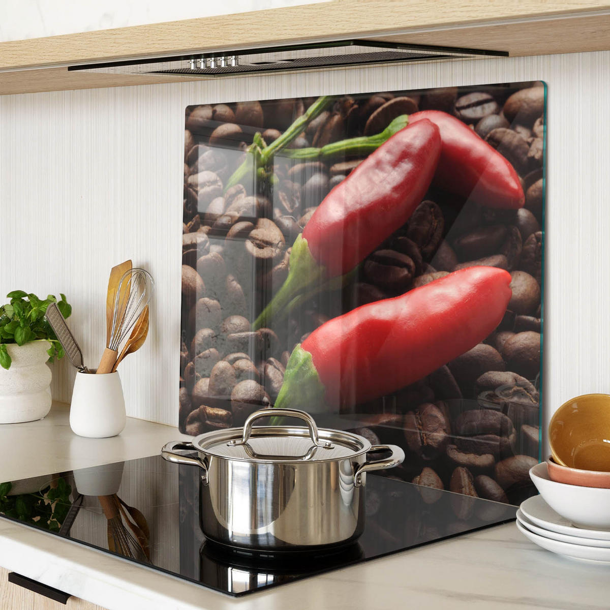 GLASPLATTE 60x52 cm Chilischoten und Kaffee - Rot, Glas (60/0.4/52cm) - TULUP