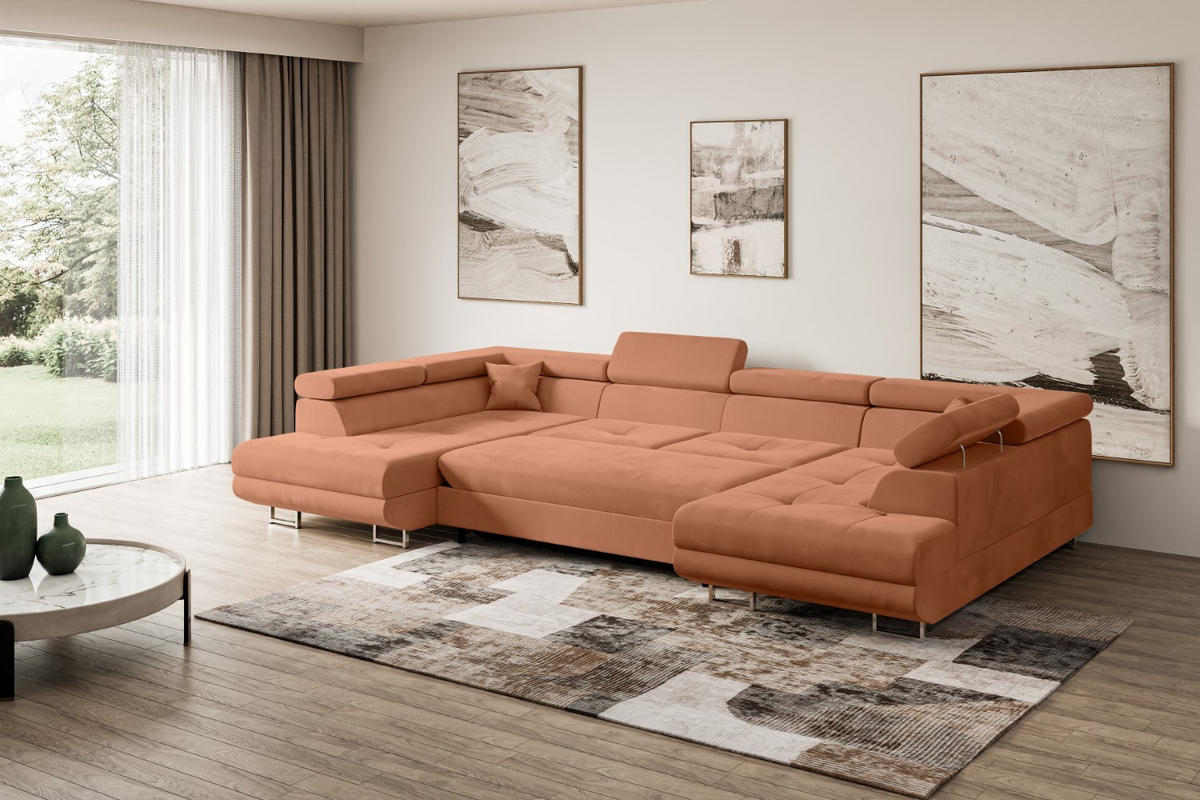 WOHNLANDSCHAFT mit Schlaffunktion und Bettkasten GUSA-U 342x202x107 cm Koralle Velours - Koralle/Silberfarben, Holzwerkstoff/Textil (342/107/202cm) - ALTDECOR