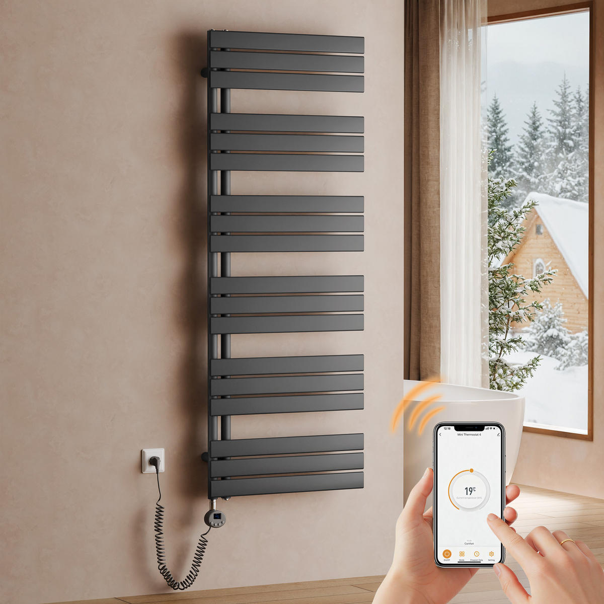 HANDTUCHHEIZKÖRPER 159,9/60 cm anthrazit elektrisch 1000 W mit WLAN-Thermostat - Anthrazit, Metall (60/160/5.9cm) - S'AFIELINA