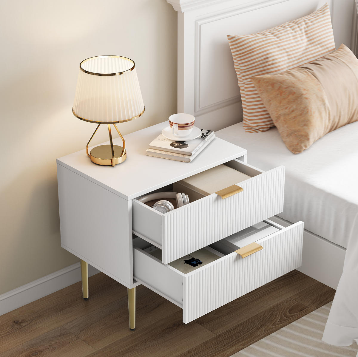 NACHTTISCH MDF/Spanplatte mit 2 Schubladen, Rillenfront & Metallgestell, 53/41,5/52,5 cm, Weiß - Weiß, Holzwerkstoff (41.5/52.5/53cm) - Redom