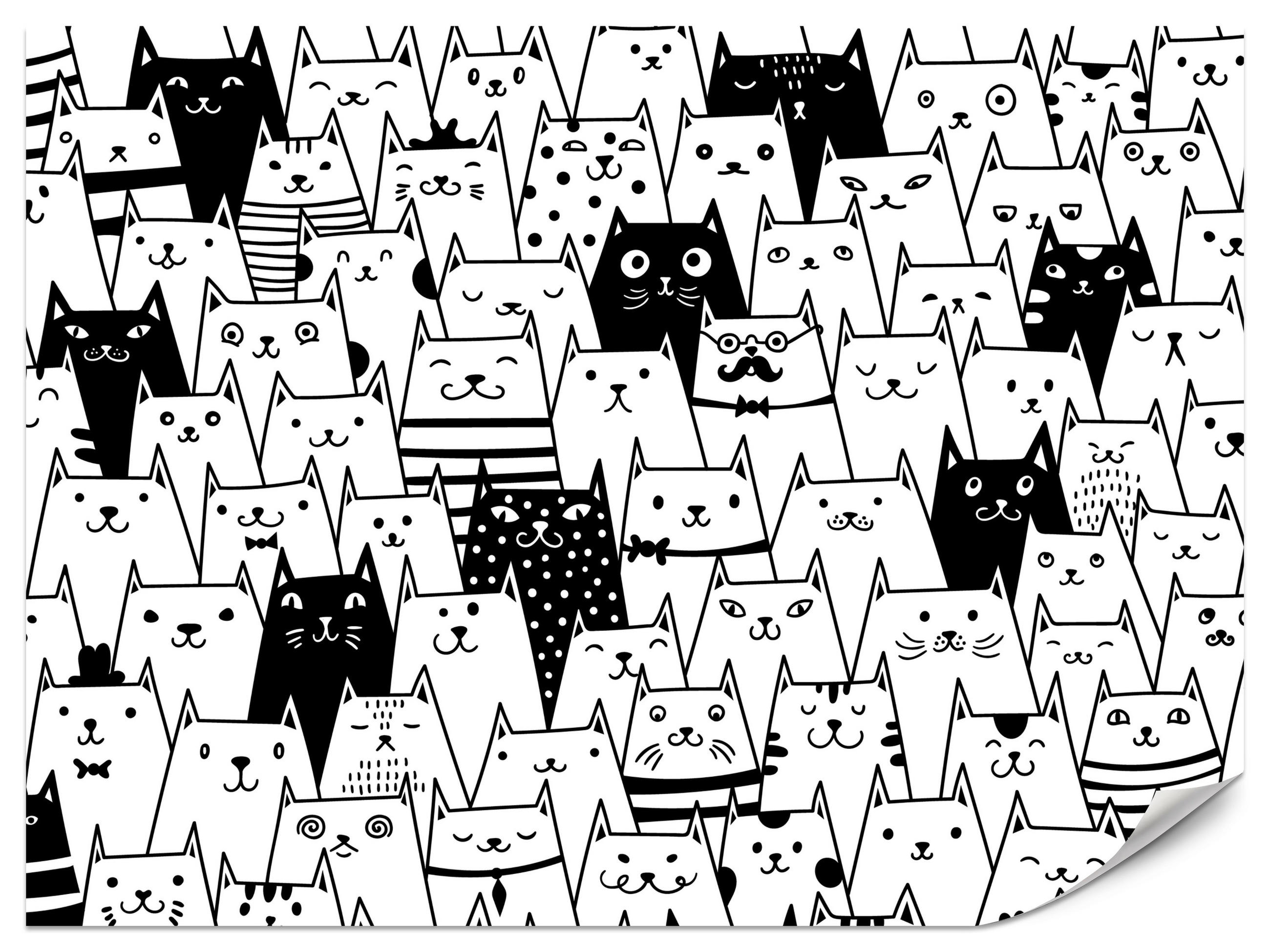 FOTOTAPETE für Kinderzimmer Schwarze Weiße Comic Katzen 350x256 - Schwarz/Weiß, Papier (350/256cm) - Muralo