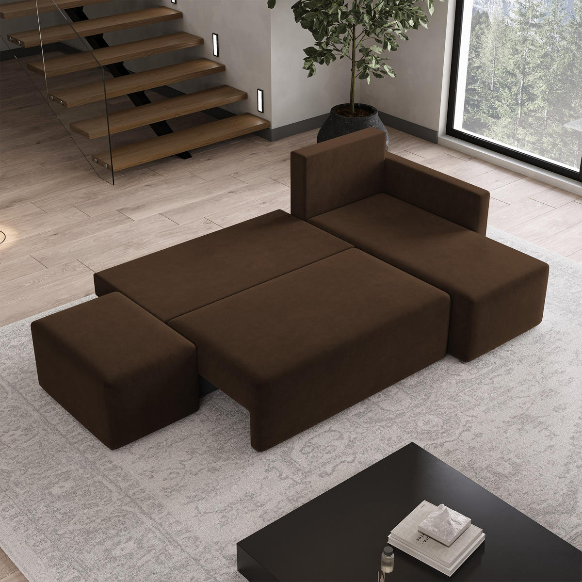 ECKSOFA VELOTTI R-S Braun Plüsch-Stoff mit Schlaffunktion - Braun, Holz (261/143cm) - MASSENO