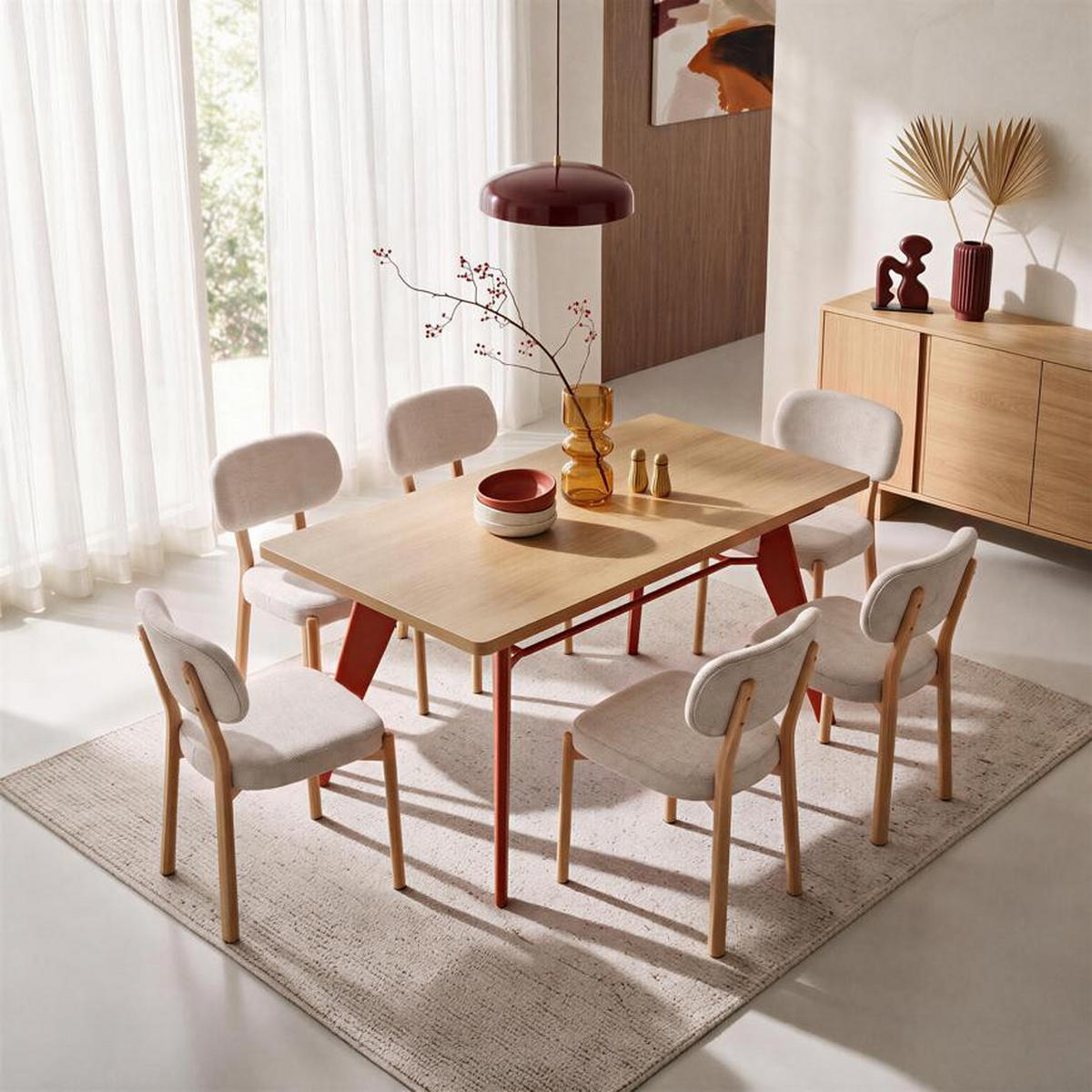 ESSTISCH ausziehbar 140/180cm Metallbeine Terracotta und Tischplatte Eiche-Optik Meloe - Eichefarben/Terracotta, Holzwerkstoff/Metall (90/140/76cm) - Sicaan