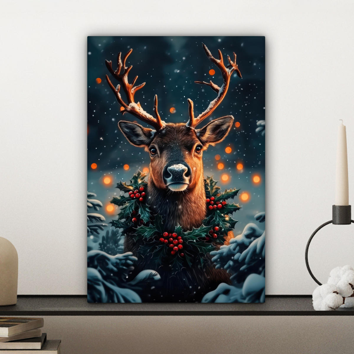 LEINWANDBILD Hirsch - Weihnachten - Winter - Schnee - Weihnachtskranz 20x30 cm - Dunkelbraun, Textil (20/30cm) - MuchoWow