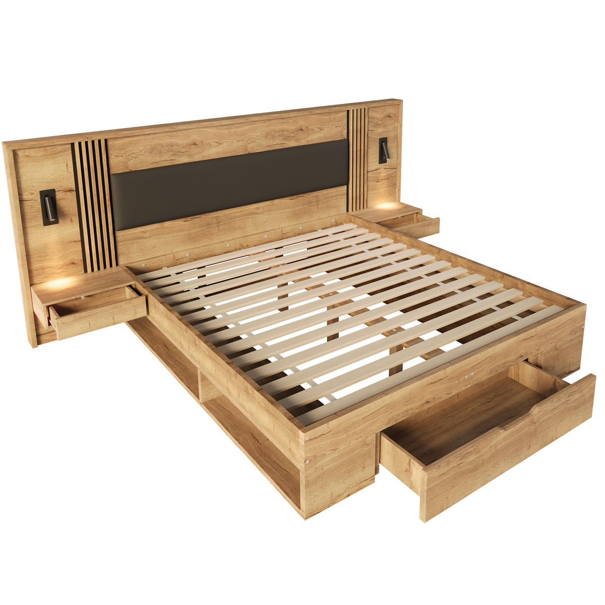 BETT 160/200 cm in Natur mit Schublade, Stauraum, Leselampen und Nachttischen MDF modern - Naturfarben, Holzwerkstoff (160/200cm) - STILVORA
