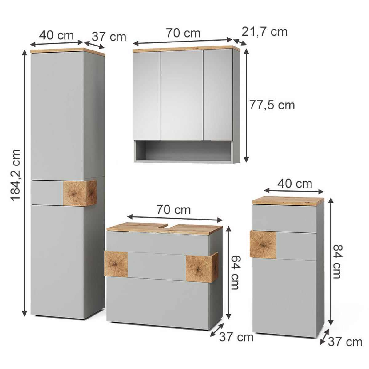 BADMÖBEL-SET Eden Grau/Artisan 4 Teile - Hellgrau/Grau, Holzwerkstoff (70/64.5/37cm) - Vicco