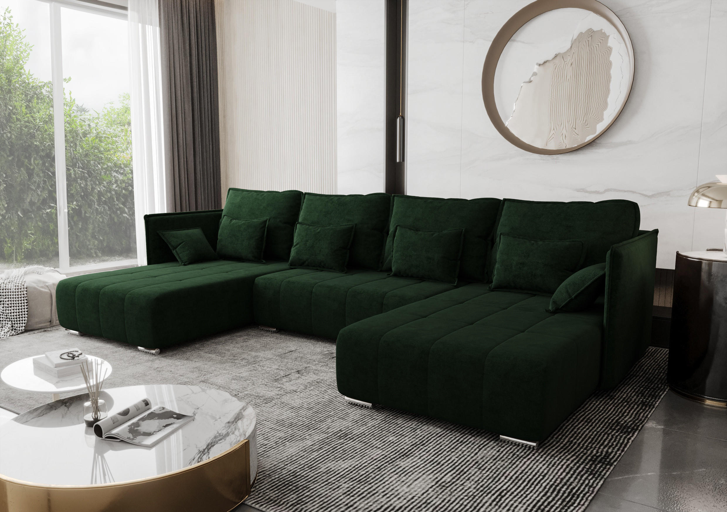 WOHNLANDSCHAFT Florinna Grün 345/182/87 cm mit Schlaffunktion - Chromfarben/Grün, Textil/Metall (345/87/182cm) - AX Living
