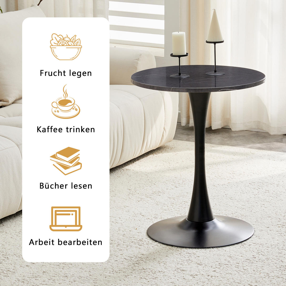 BEISTELLTISCH aus MDF und Metall 60x60x72 cm Schwarz mit Marmor-Optik und thermoformierter Tischplatte - Schwarz, Holzwerkstoff (60/60/72cm) - Modfu
