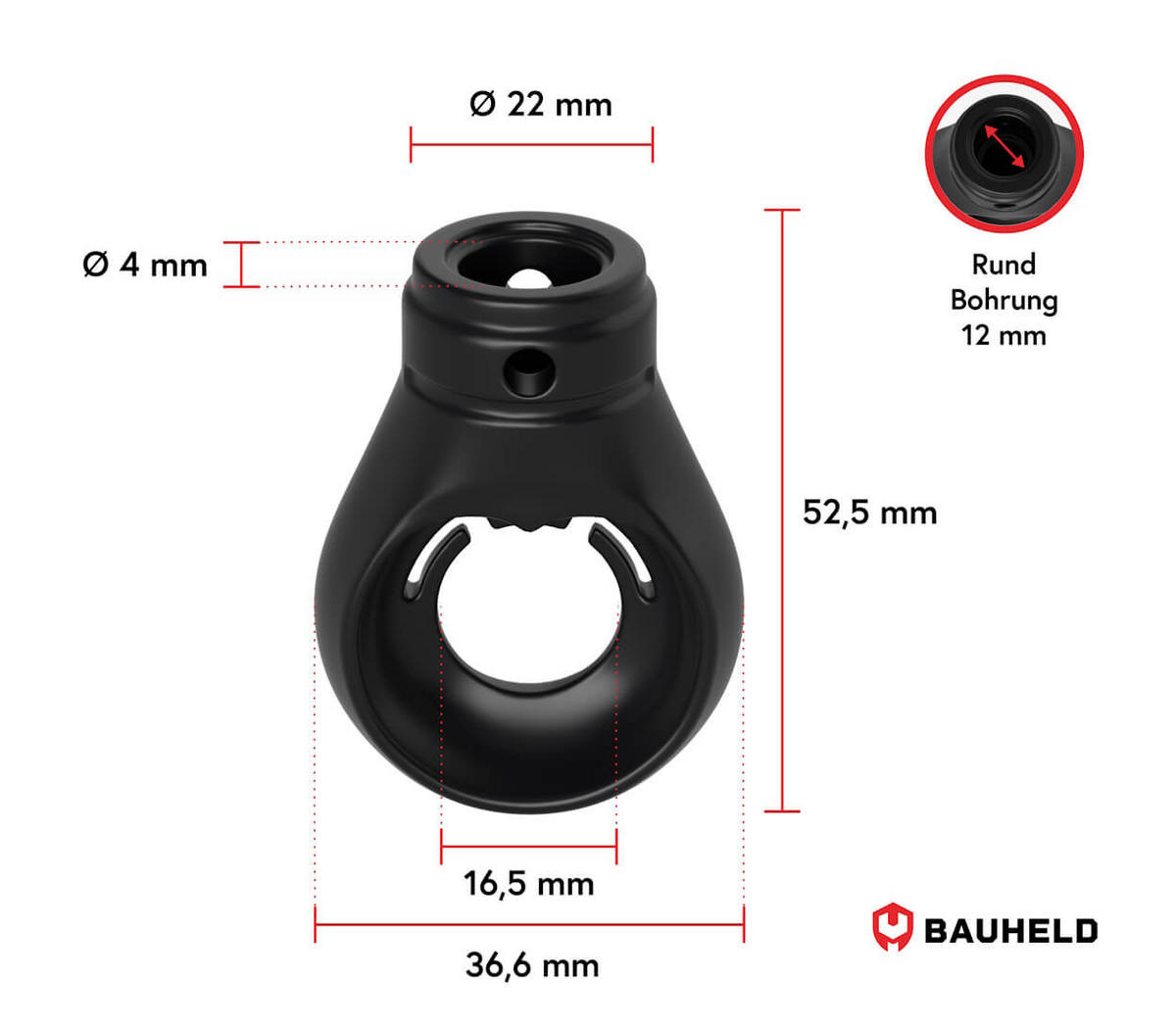 MARKISENÖSE Rund 12 mm Ral 9005 für Kugelhaken - Schwarz, Kunststoff (1.2/5.2/5.2cm) - BAUHELD