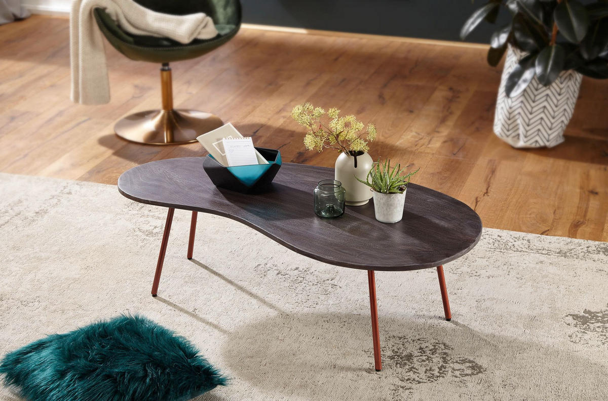 COUCHTISCH Retro-Stil mit Nierenform, Massivholz, Metallbeine, pflegeleichte Tischplatte, Beige 122x63x36 cm - Beige/Braun, Holz/Metall (63/122/36cm) - KADIMA DESIGN