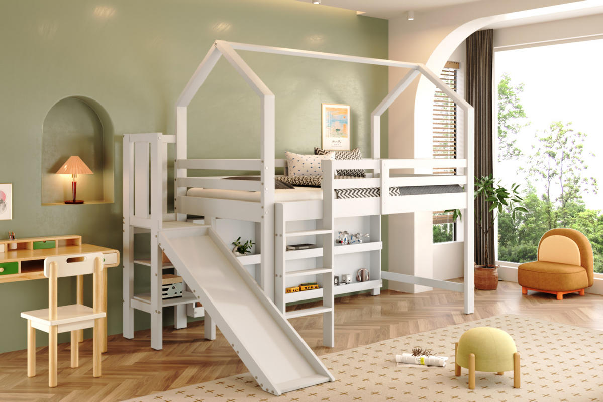 KINDERBETT 90/200 cm weiß aus Massivholz und MDF mit Rutsche und Stauraum - Weiß, Holzwerkstoff (90/200cm) - OKWISH