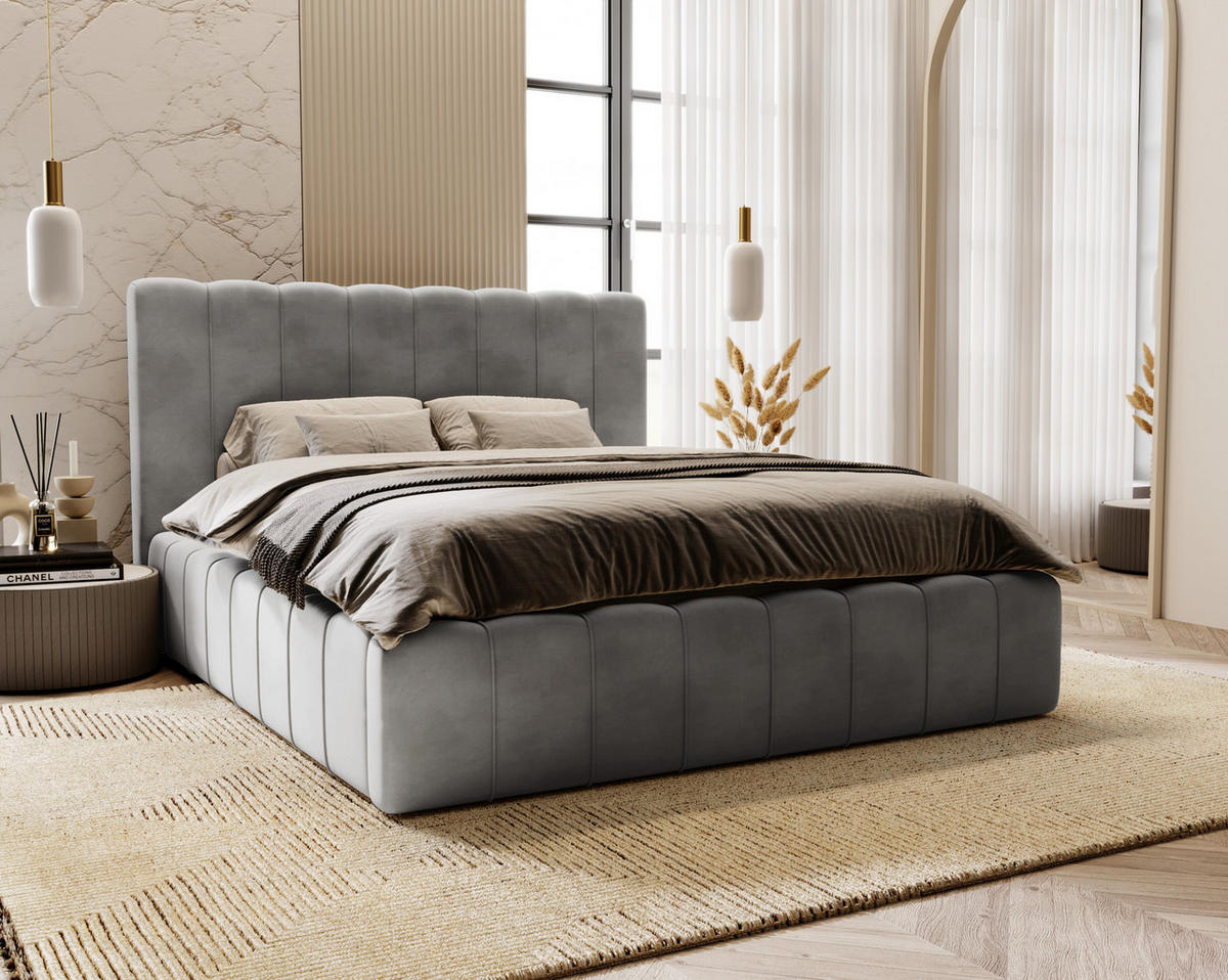 DOPPELBETT mit Bettkasten 200x200 Porto, Lattenrost, Grau - Grau, Holz/Textil (200/200cm) - Emporius