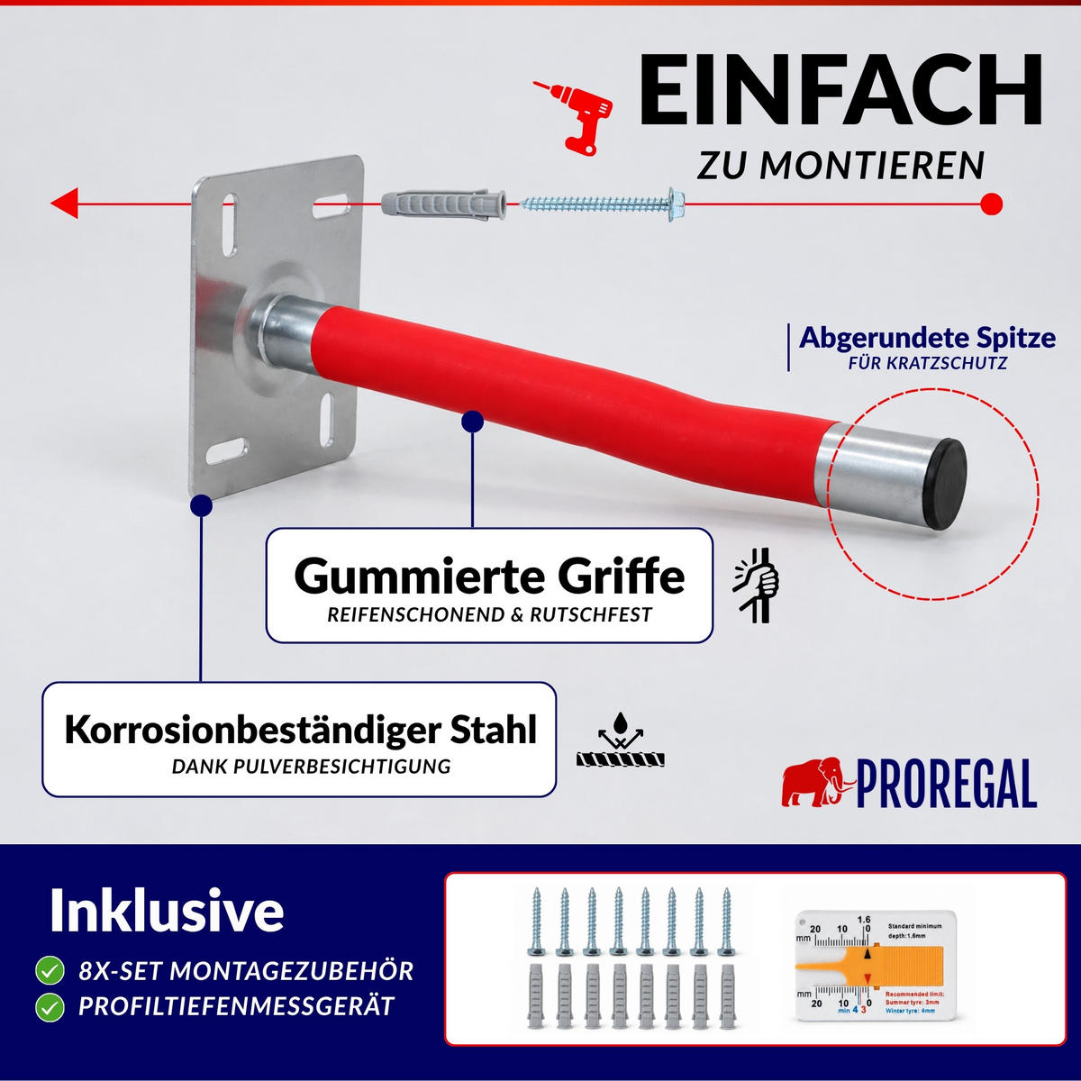 AUTOREIFEN-WANDHALTER PREX PRO 8er Reifen Set HxBxT 17x13x35 cm Traglast 35 kg Rot Set für Garage Zum Anschrauben mit hoher Qualität - Rot, Metall (35/13/9cm) - PROREGAL