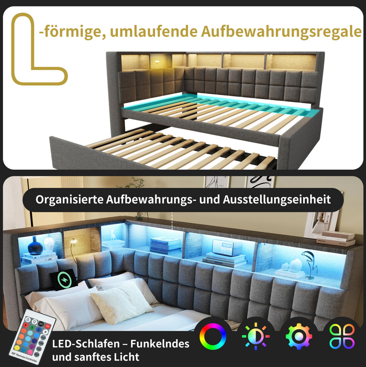 POLSTERBETT 90/200 cm Grau Ausziehbett 90/190 cm mit LED-Beleuchtung Leinen L-Kopfteil mit Stauraum - Grau, Textil (90/200cm) - OKWISH