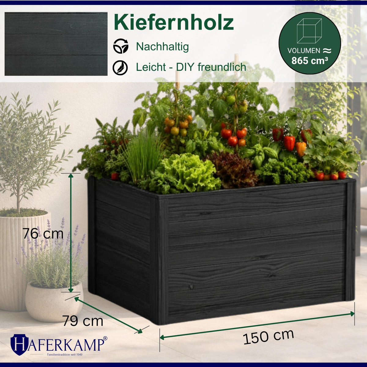 HOCHBEET HARZ aus Holz mit Schutzfolie 76x150x79 cm Außenbereich Anthrazit Holz - Anthrazit, Holz (150/76/79cm)