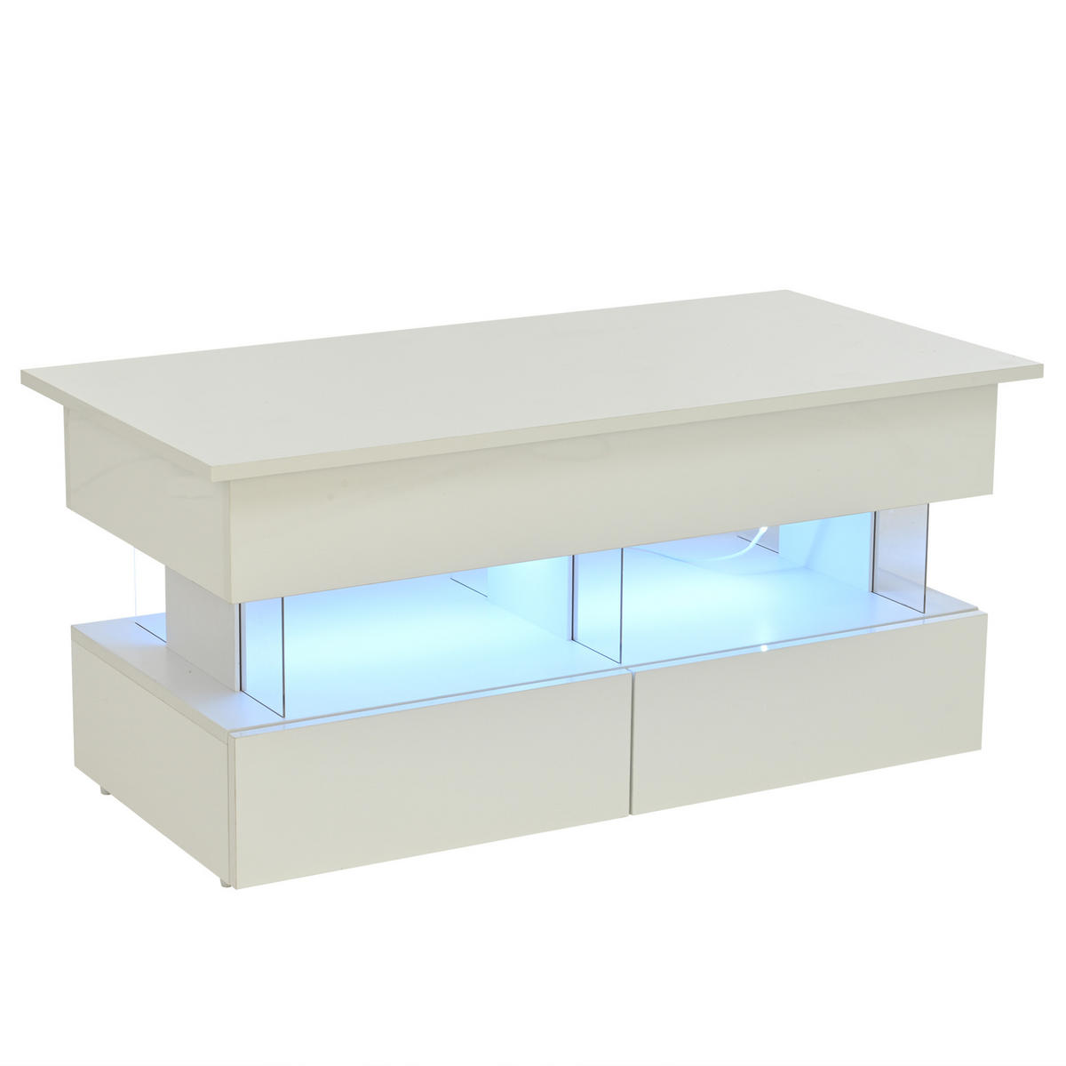 COUCHTISCH höhenverstellbar 100 x 50 x 46 cm Weiß mit 2 Schubladen und LED - Weiß, Wellpappe (100/50/46cm) - Meubliv