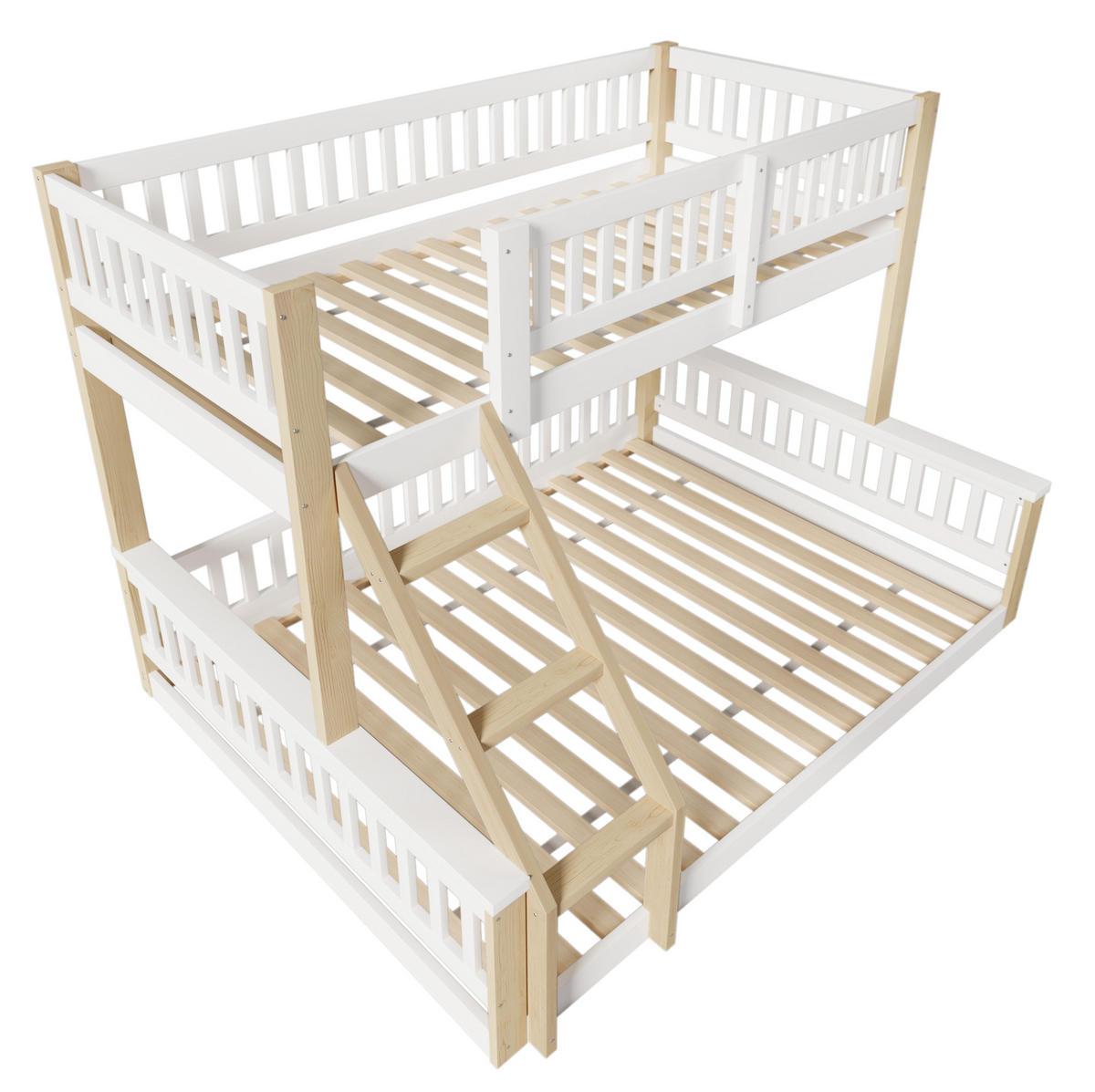 ETAGENBETT 90/200 + 140/200 cm aus Kiefer mit Bettgitter und Leiter Weiß/Natur - Weiß, Holz (90/200cm) - Modenvie