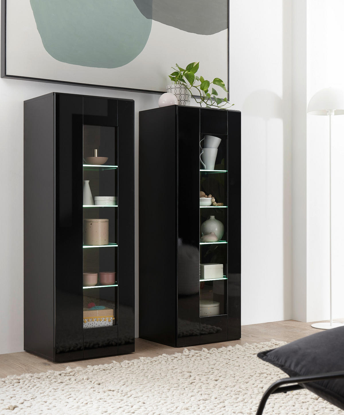 VITRINE schwarz Hochglanz, Grandson Eiche, Vitrinenschrank hängend, stehend 45 x 131 cm - Schwarz Hochglanz/Eichefarben, Glas/Holzwerkstoff (45/131/38cm) - Furn.Design