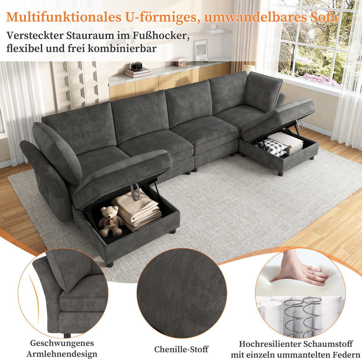 ECKSOFA mit 2 Stauraum-Hockern und Taschenfedern aus Chenille - Grau, Textil (289/137cm) - EVRYAE