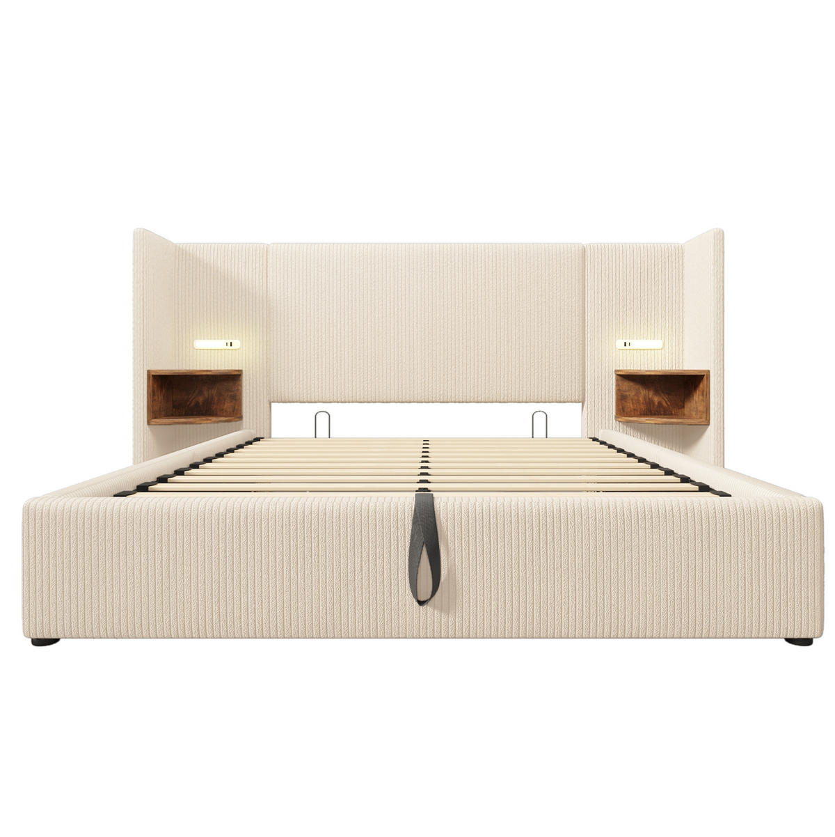 TAPECIRANI krevet od rebrastog baršuna 160x200 cm bež-bijeli sa madracem, lampom za čitanje, USB/Type-C i spremištem - bež, tekstil (160/200cm) - Modfu