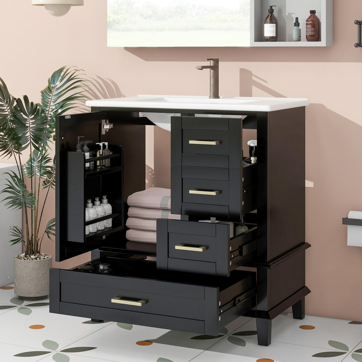 WASCHTISCHKOMBI 76/45,5/83,5 cm Schwarz aus Keramik/MDF/Kiefernholz mit integriertem Waschbecken - Schwarz, Holzwerkstoff (73/83.5/45.5cm) - OKMYHOME