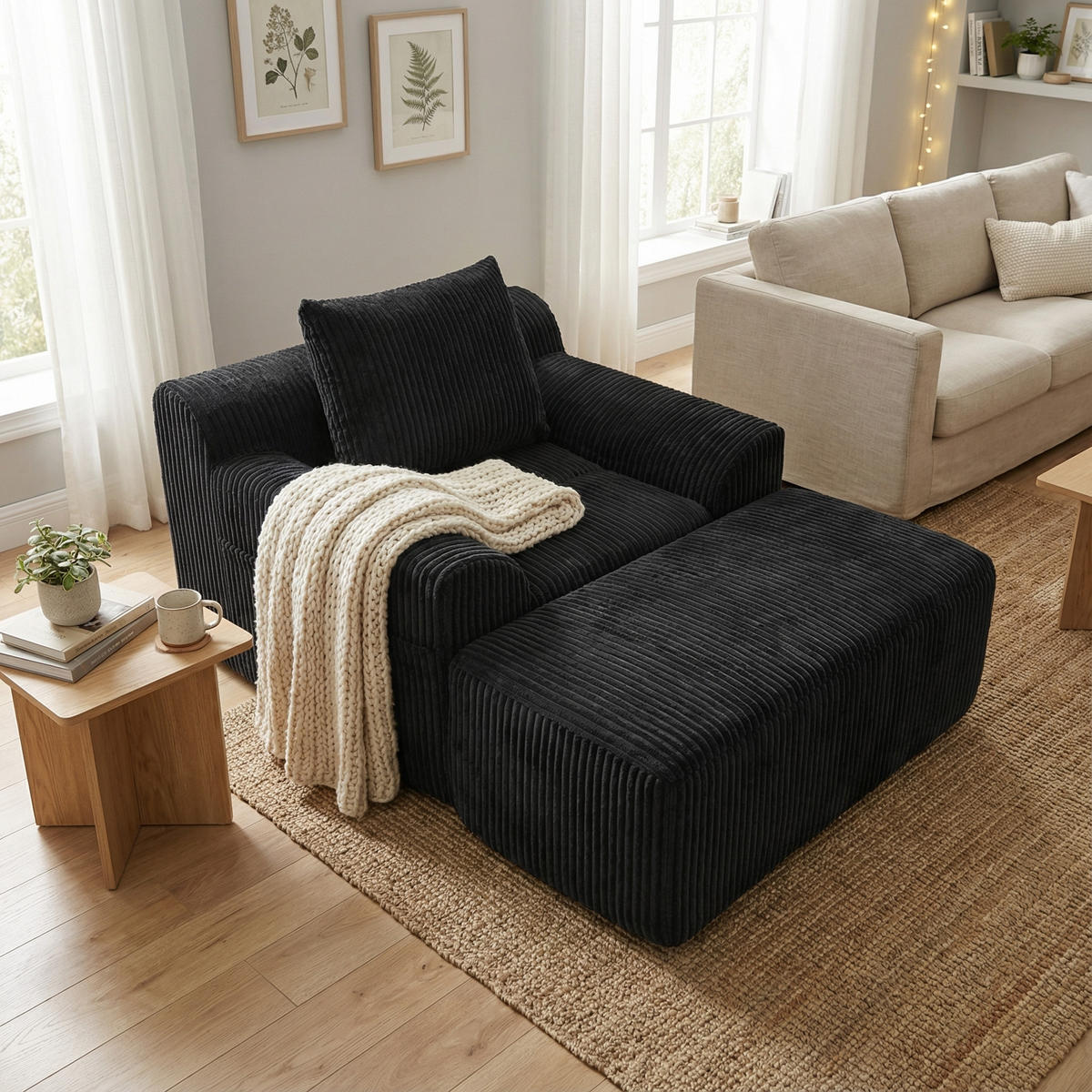 SESSEL mit Hocker in Cord Übergroßer Relaxsessel - Schwarz, Textil (147/67/110cm) - Urban Meuble