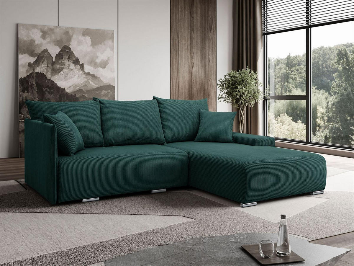 ECKSOFA LAVIO L mit Schlaffunktion und Bettzeugkasten Rechte - Grün, Textil (246/188cm) - Lookway