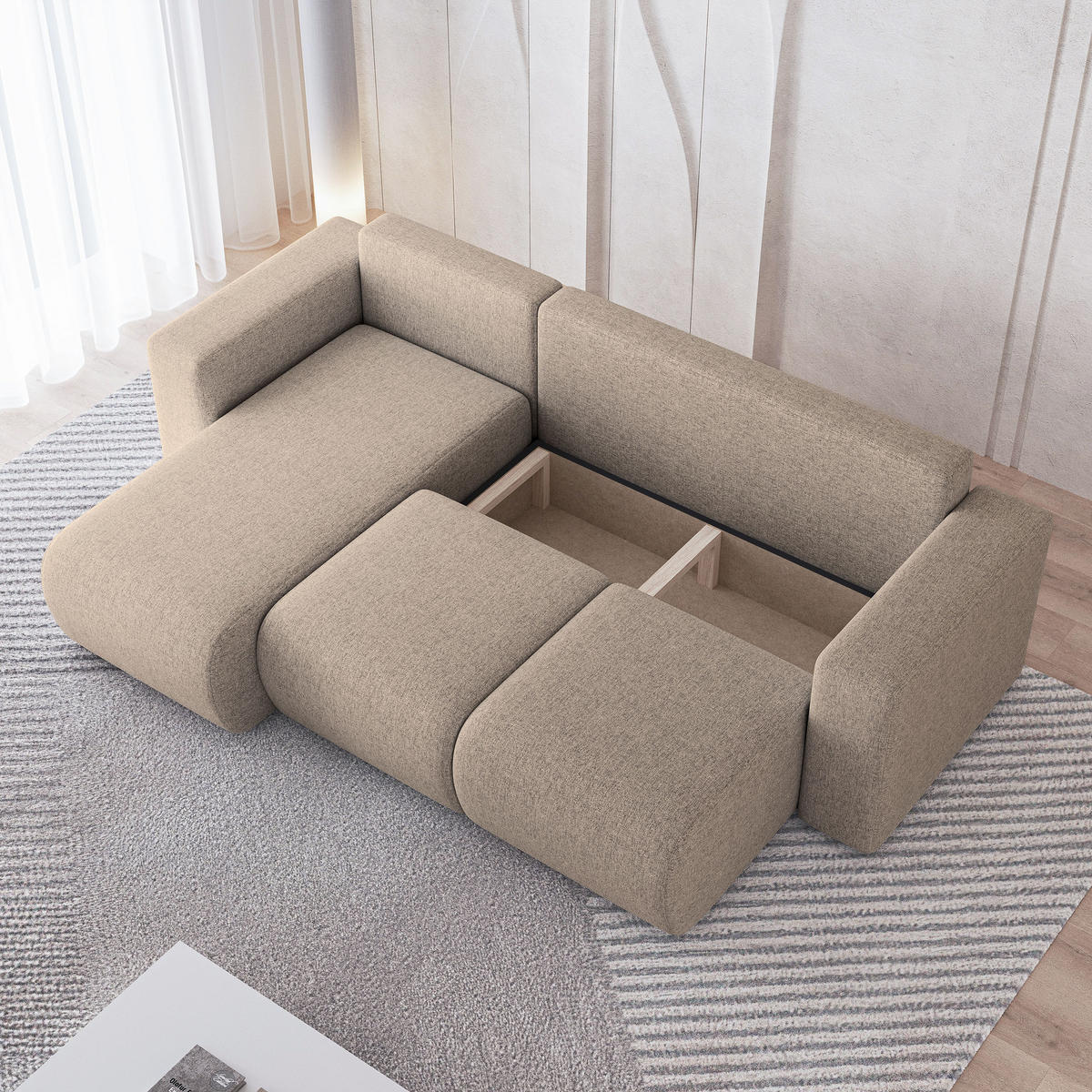 ECKSOFA RINOVA Beige Geflochtener Stoff mit Schlaffunktion - Beige, Holz (250/143cm) - MASSENO