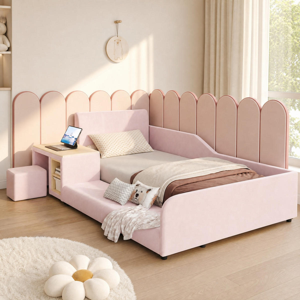 KINDERBETT 90/200 mit Schreibtisch, Hocker und Ablageboden in Pink - Rosa, Holzwerkstoff/Textil (90/200cm) - EVRYAE