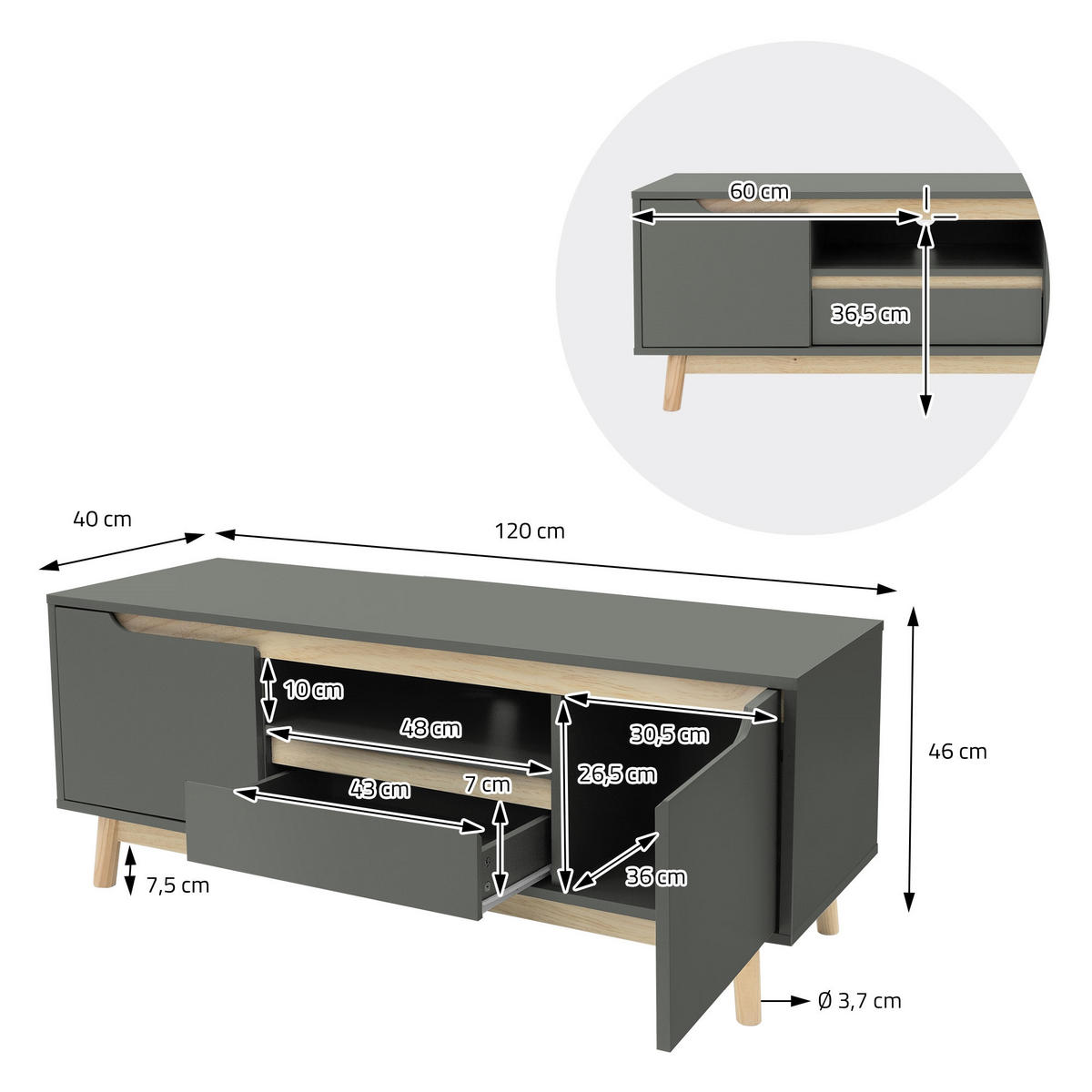 TV LOWBOARD - Grau, Holz (40/46/120cm) - ML-DESIGN