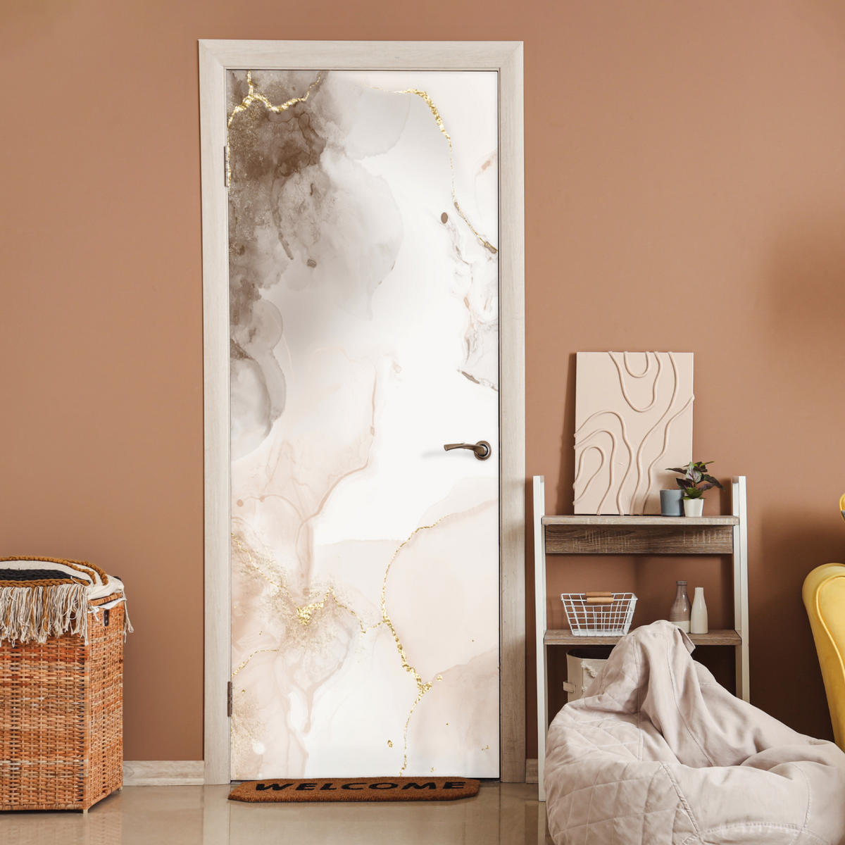 TÜRAUFKLEBER Selbstklebend - Marmor - Braun - Linie 95x235 cm - Türtapete - Champagner, Kunststoff (95/0.1cm) - MuchoWow