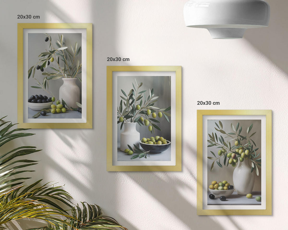 BILDER SET 3er Set - 20x30 cm Goldrahmen - Oliven in grauen Vasen - Goldfarben, Kunststoff (20/30cm) - TULUP