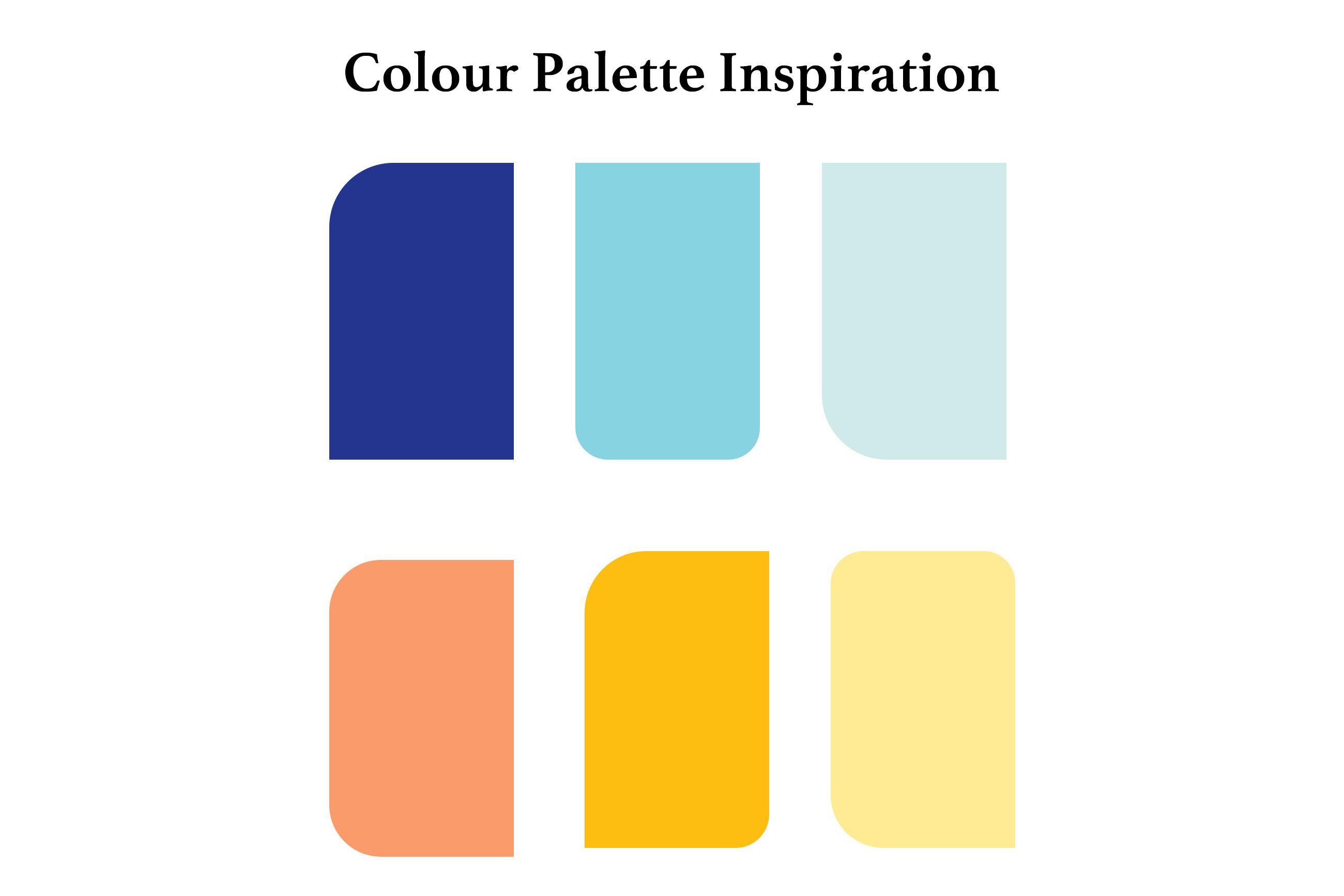 Farbpalette mit sechs Farbtönen in Blau- und Pfirsichnuancen, angeordnet in zwei Reihen