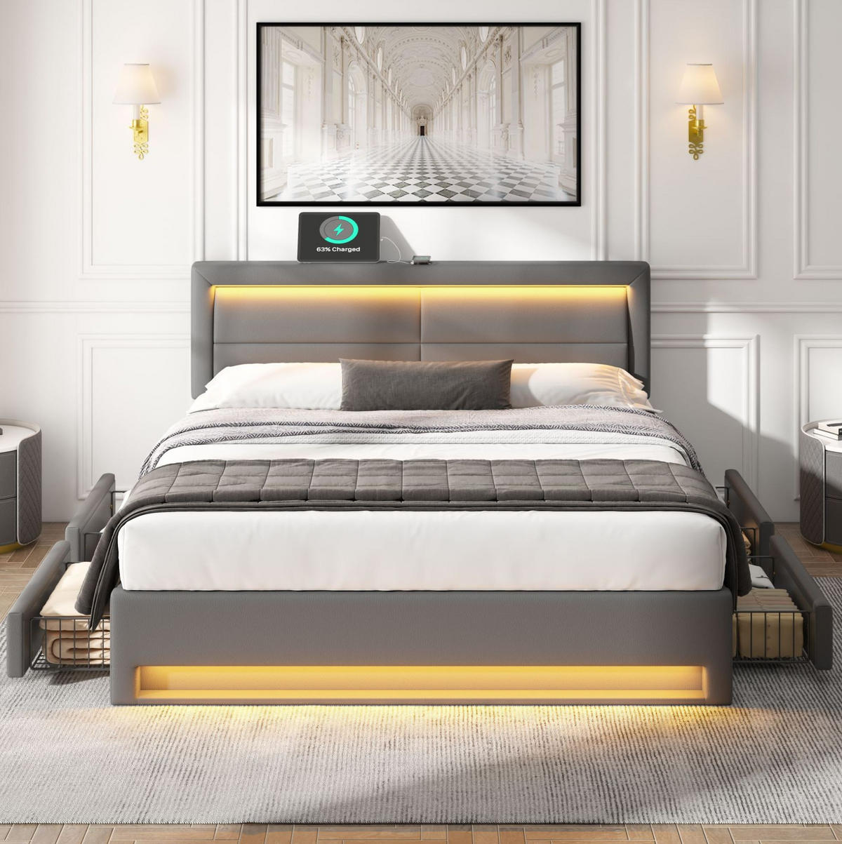 POLSTERBETT 140/190 cm Grau mit USB-Anschluss und LED-Beleuchtung - Grau, Kunststoff (140/190cm) - OKWISH