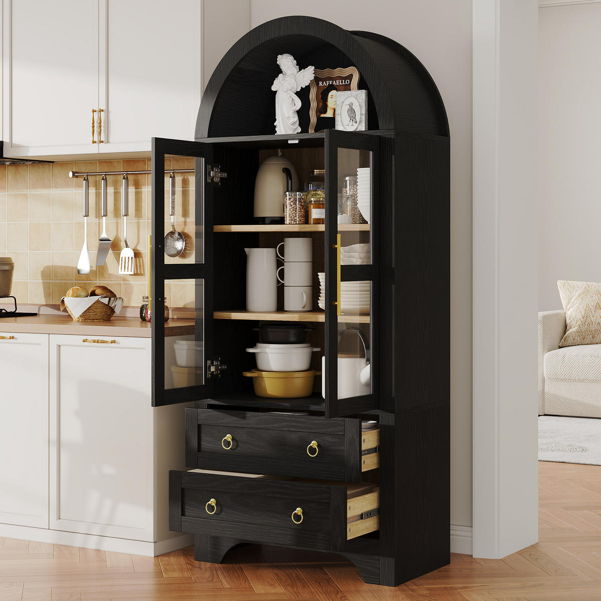 HIGHBOARD Schwarz 76,2×40×180 cm mit Glastüren, Schubladen und verstellbaren Einlegeböden aus Holzwerkstoff und Glas - Schwarz, Holzwerkstoff (76.2/180/40cm)