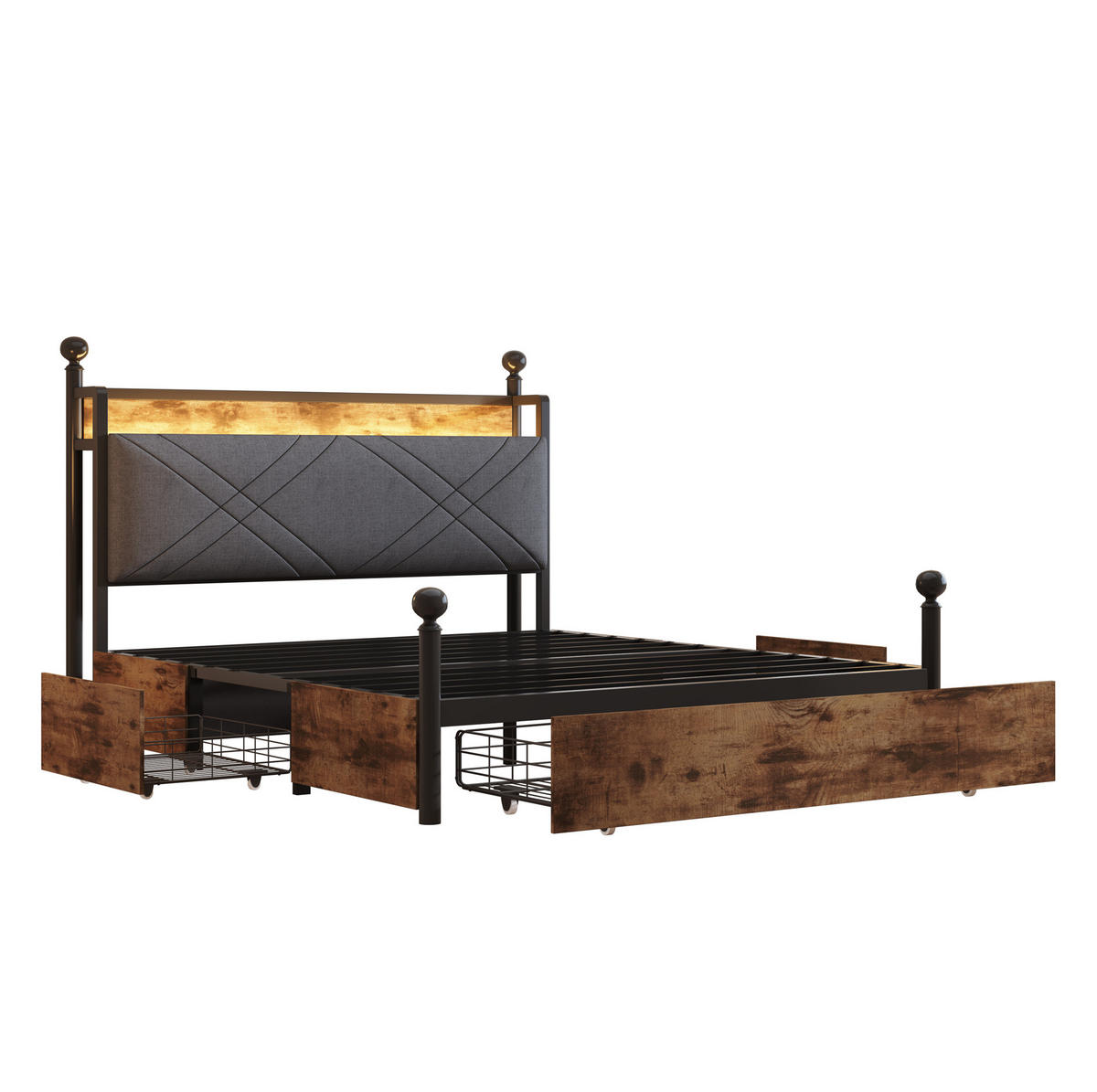 METALLBETT 140/190 cm mit LED-Beleuchtung, Stauraum und USB- und Type-C-Anschlüssen - Schwarz, Metall (140/190cm) - Flora Grace