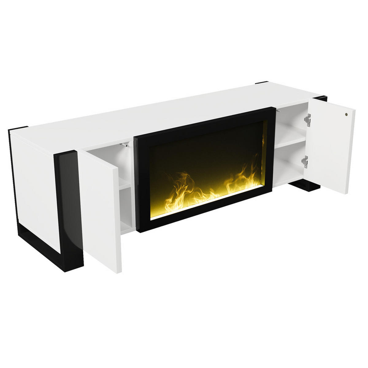 TV-SCHRANK Lowboard Hochglanz elektrischer Kamineffekt Weiß-Schwarz - Weiß, Holz (54.99/21.21/104.5cm) - FLIEKS