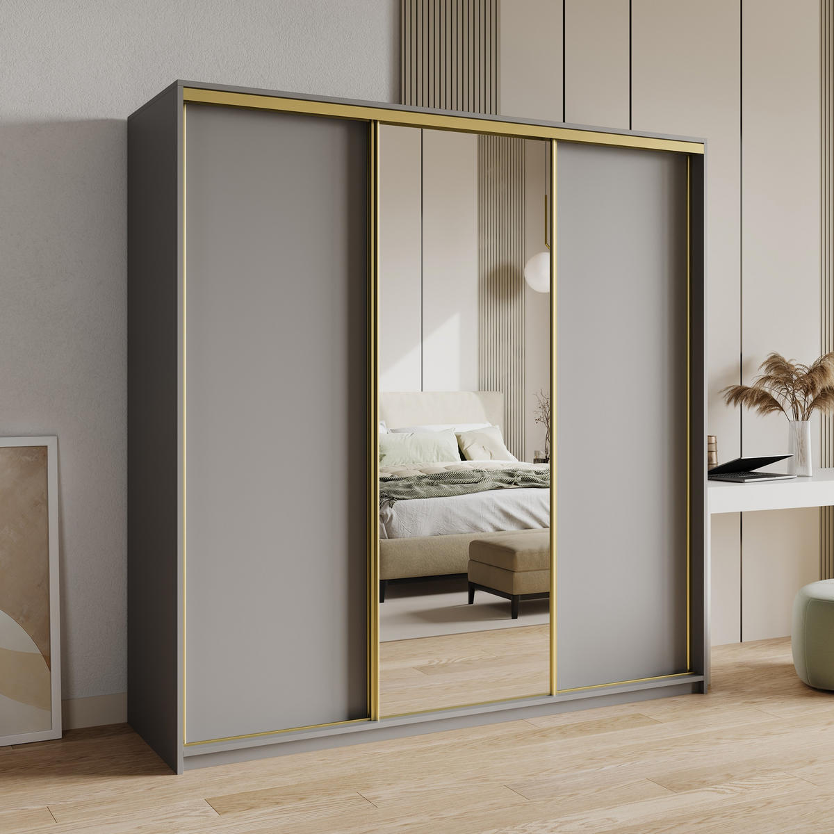 SCHWEBETÜRENSCHRANK TAVI 180/205/60 cm 3-türig mit Spiegel und Schubladen Graphitfarben - Goldfarben/Graphitfarben, Holzwerkstoff (180/205/60cm) - MASSENO