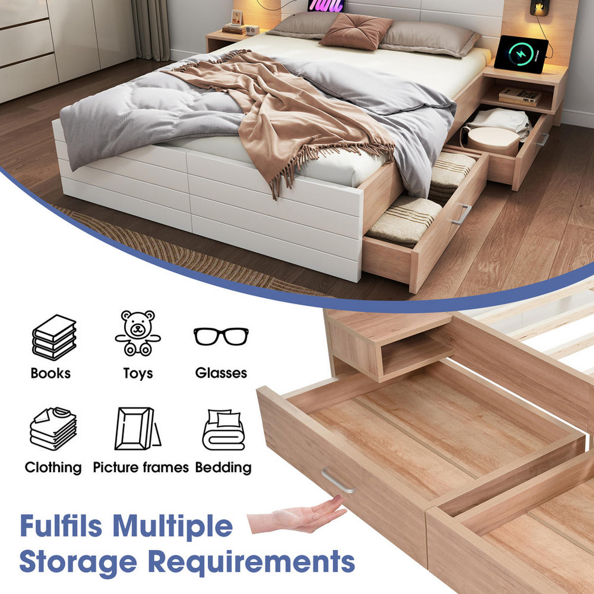 DOPPELBETT 180x200cm Holzbett Leselicht USB-Ladung 2 Schubladen Eiche-Weiß - Weiß, Holz - FLIEKS