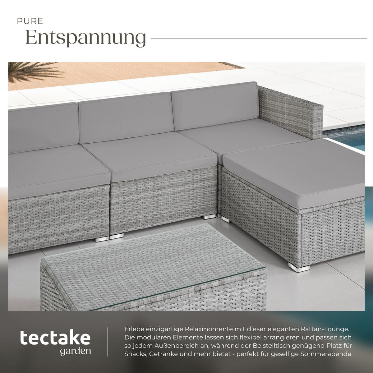 RATTANLOUNGE Florenz,mit Sicherheitsglasplatte,hellgrau/dunkelgrau - Dunkelgrau/Hellgrau, Kunststoff - tectake