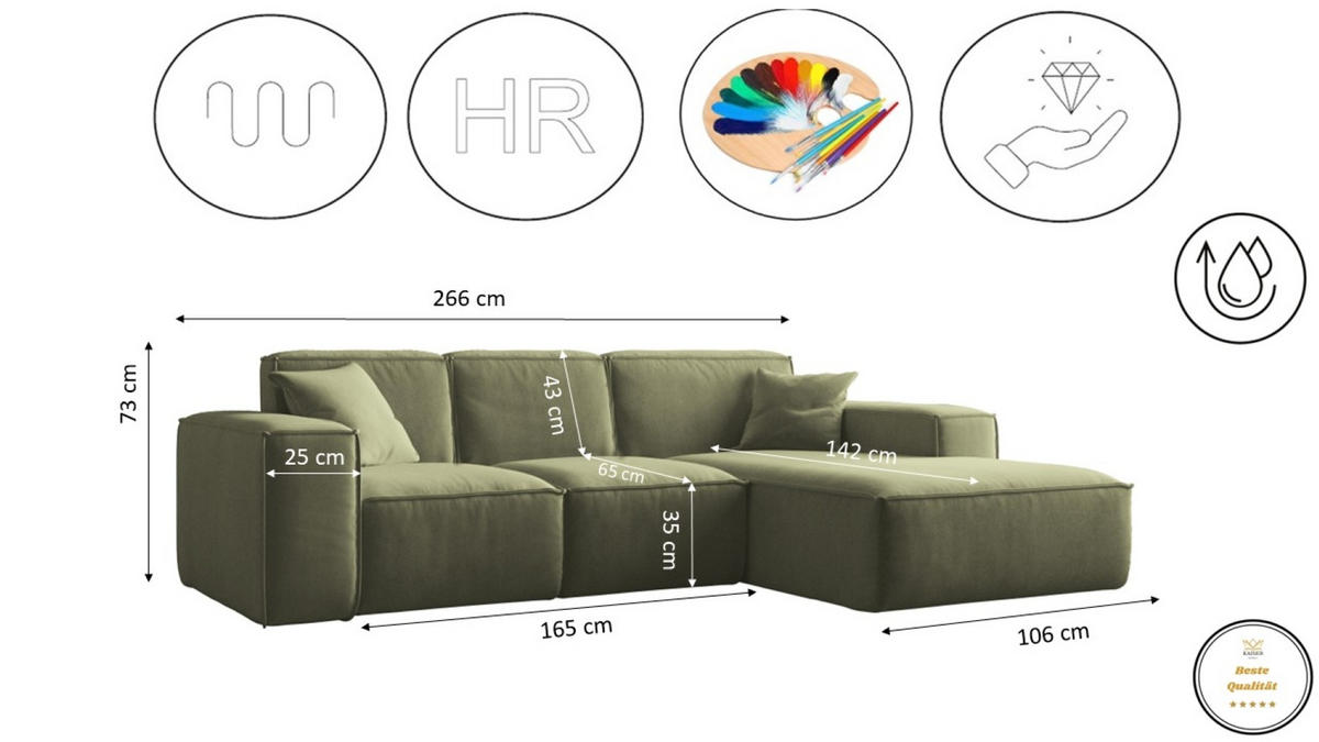 ECKSOFA L-Form Siena Stoff Salvador Olive Rechts - Olivgrün, Holz (266/165cm) - Kaiser Möbel