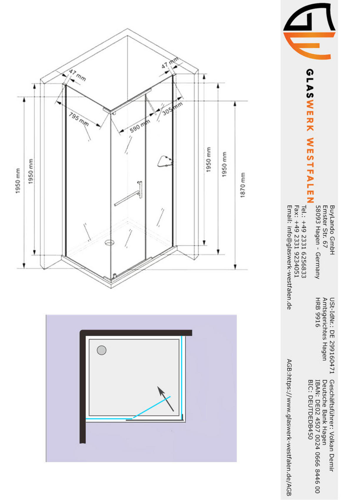 DUSCHKABINE Clara 100x90x195 cm satiniert - Silberfarben, Glas (90/100/195cm) -  Glaswerk Westfalen